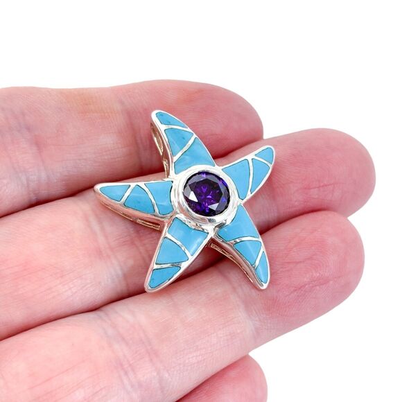 Vintage Sterling Silver 925 Amethyst and Turquoise Starfish Pendant - Picture 1 of 6